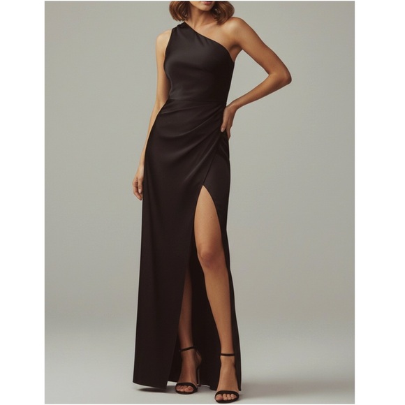 BHLDN Scottie One-Shoulder Side-Slit Stretch Satin Maxi Dress, Black, XS